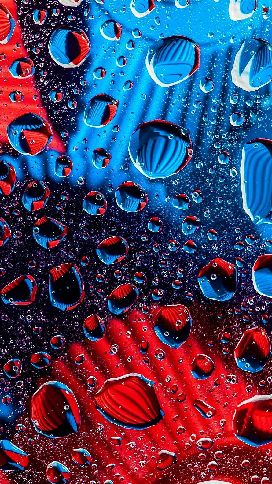 Vibrant Macro Water Droplets on Red and Blue Surface HD phone wallpaper