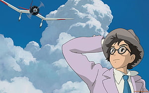 Jiro Horikoshi from The Wind Rises Watching a Propeller Plane Fly Through Cloudy Blue Sky HD wallpaper