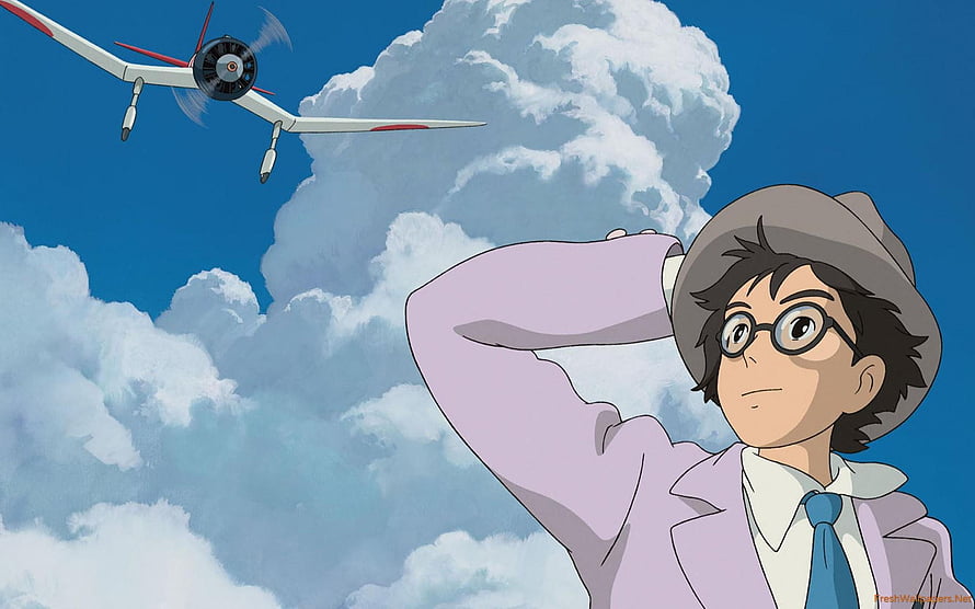 Jiro Horikoshi from The Wind Rises Watching a Propeller Plane Fly Through Cloudy Blue Sky HD wallpaper