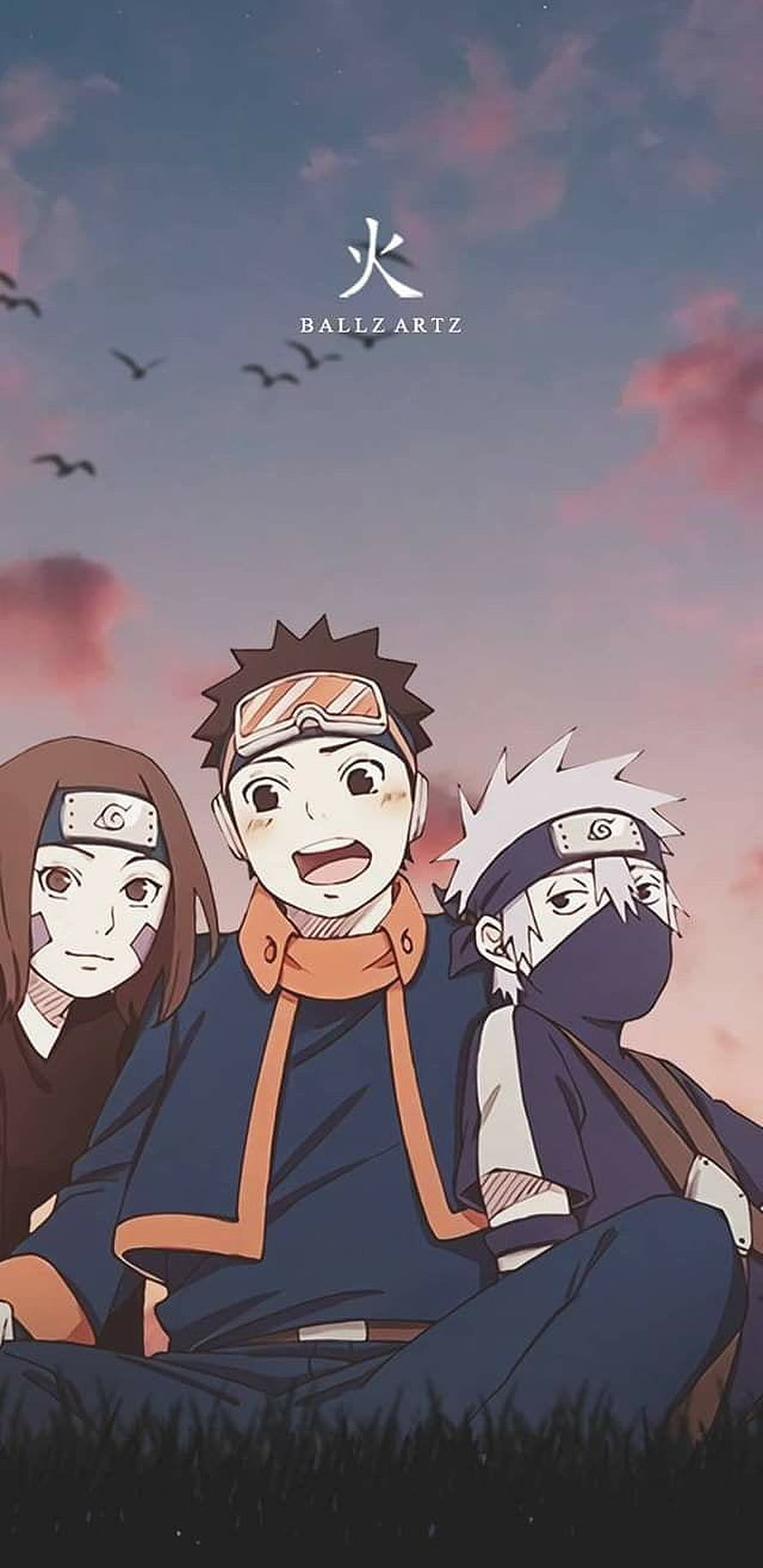 Naruto Team Minato Anime Wallpaper Featuring Rin, Obito, and Kakashi at Sunset HD phone wallpaper