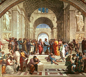 Raphael's The School of Athens fresco depicting classical philosophers in a grand Renaissance architectural setting HD wallpaper