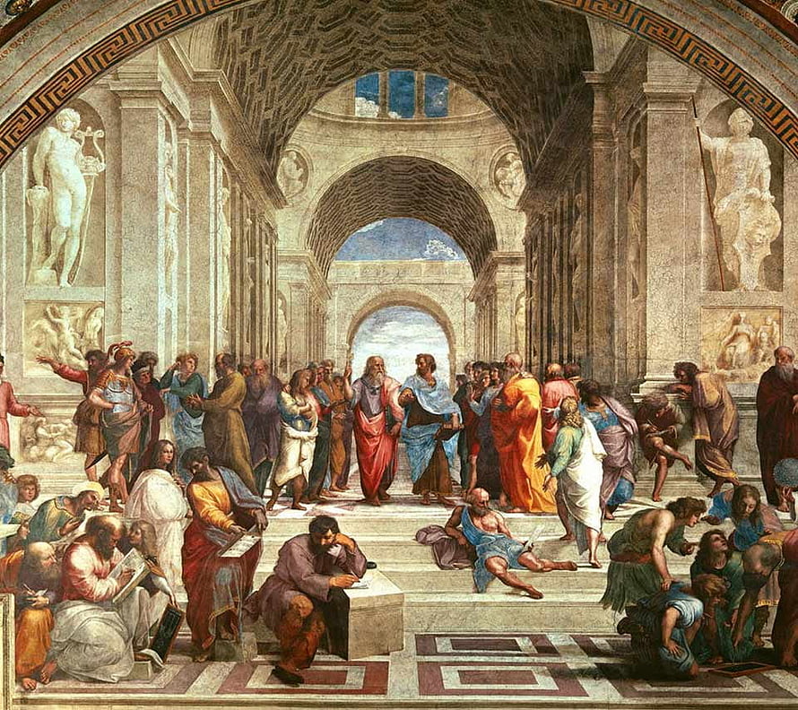 Raphael's The School of Athens fresco depicting classical philosophers in a grand Renaissance architectural setting HD wallpaper