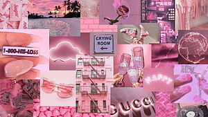 Pink Aesthetic Collage Featuring Neon Signs, Fashion Accessories, and Dreamy Urban Scenes HD wallpaper