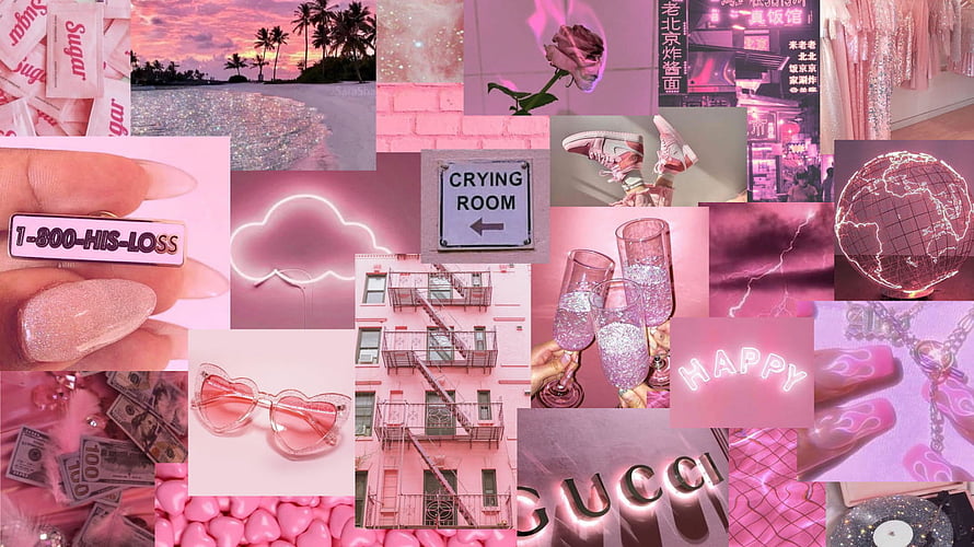Pink Aesthetic Collage Featuring Neon Signs, Fashion Accessories, and Dreamy Urban Scenes HD wallpaper