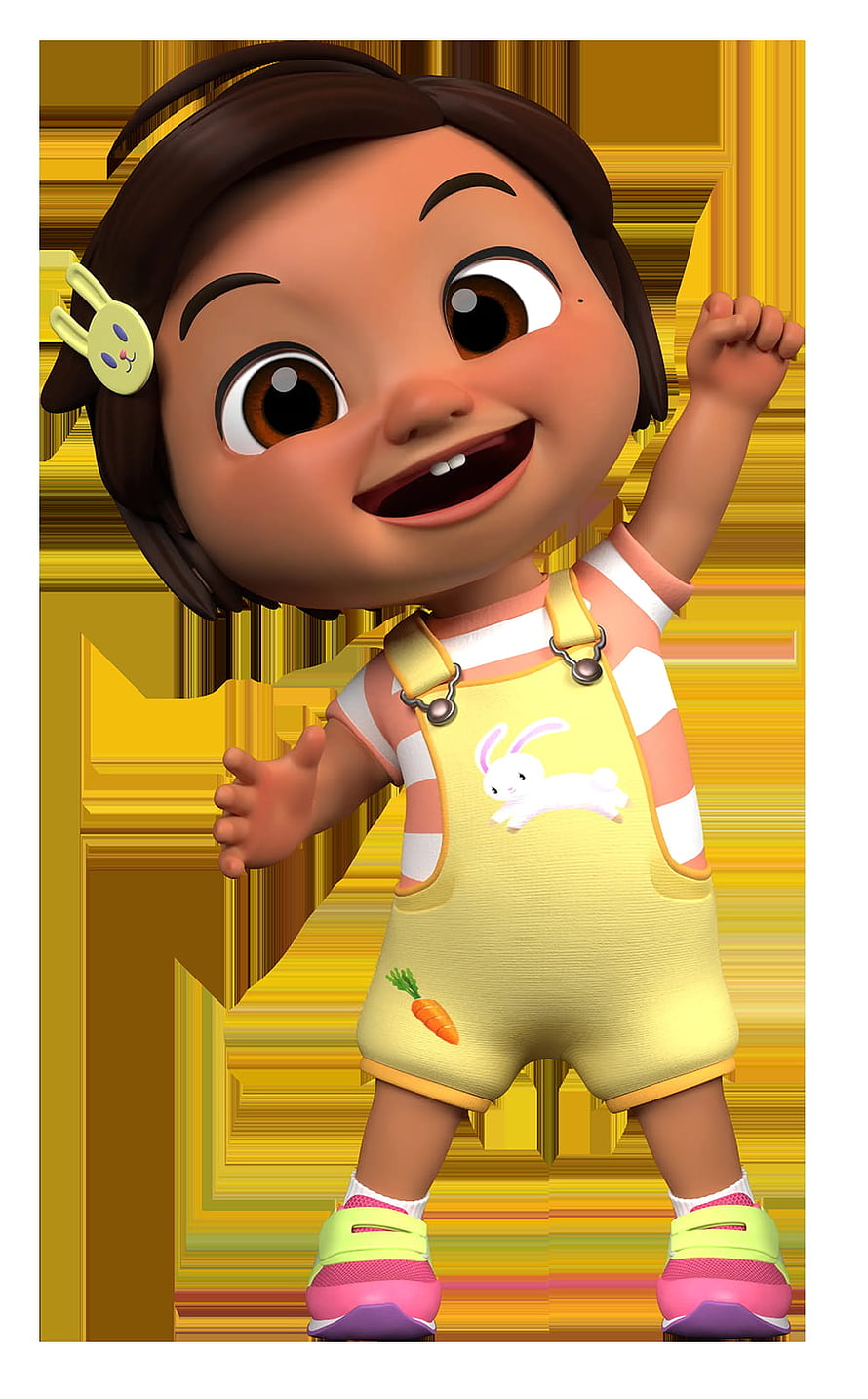 Nina from Cocomelon in yellow overalls with bunny and carrot details on a golden background HD phone wallpaper