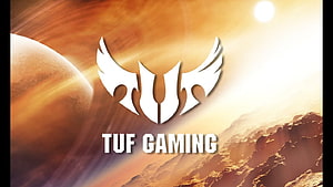 Asus TUF Gaming Logo on Alien Planet Landscape with Golden Sky and Mountain Ranges HD wallpaper