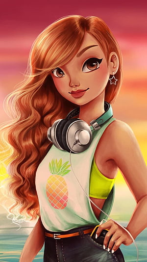 Stylized digital illustration of a red-haired girl with headphones and a pineapple top against a sunset sky HD phone wallpaper
