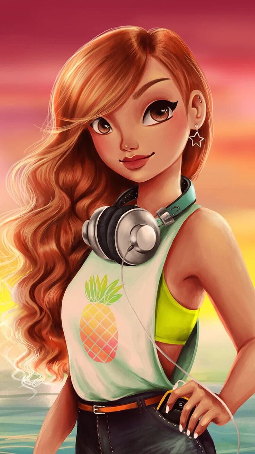 Stylized digital illustration of a red-haired girl with headphones and a pineapple top against a sunset sky HD phone wallpaper