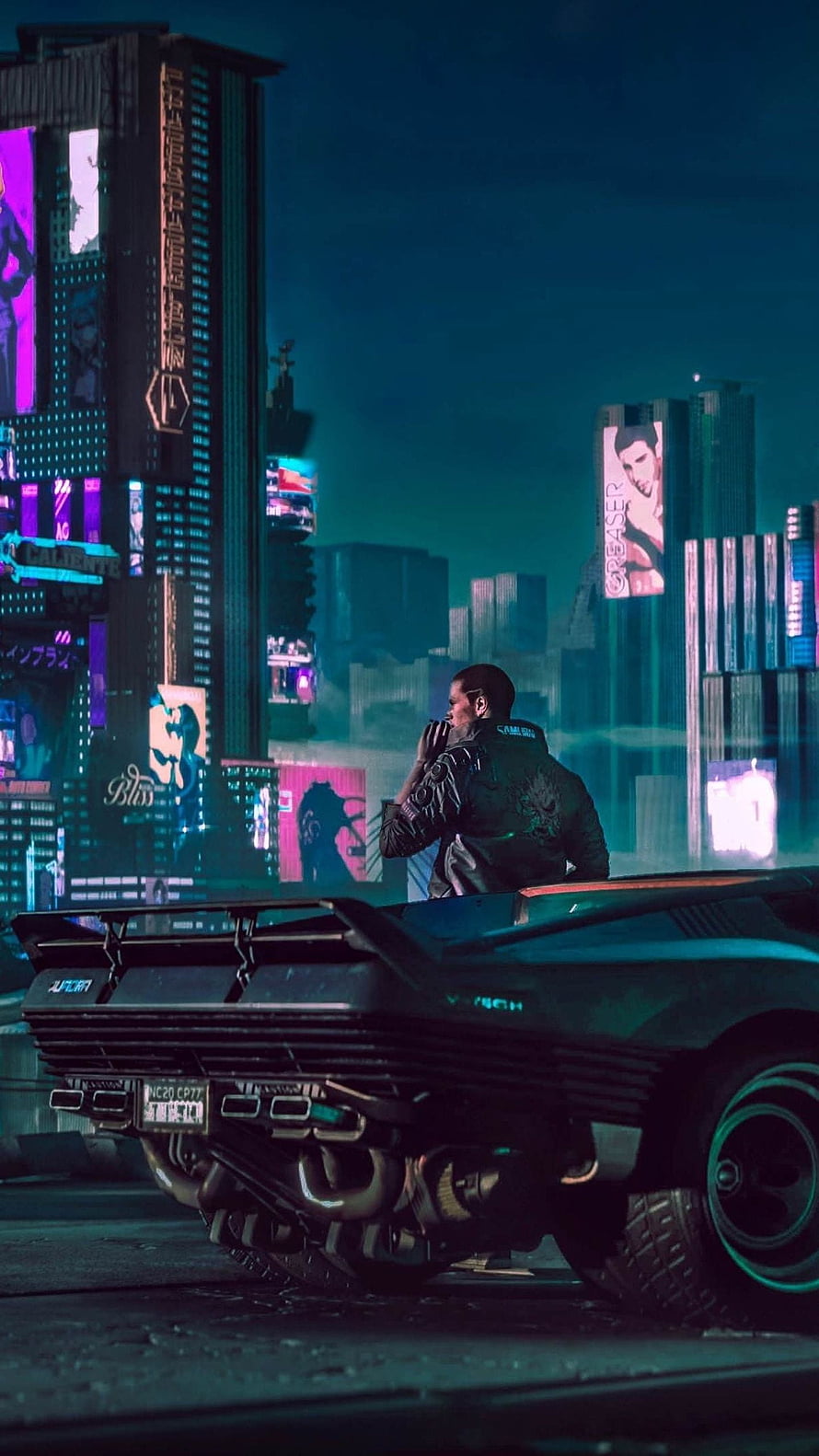Cyberpunk 2077 Night City Street Scene with Character and Futuristic Car HD phone wallpaper