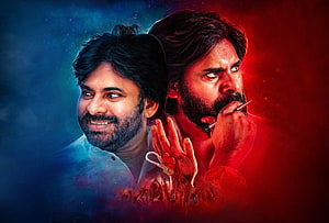 Pawan Kalyan Dual Portrait with Dramatic Red and Blue Lighting HD wallpaper