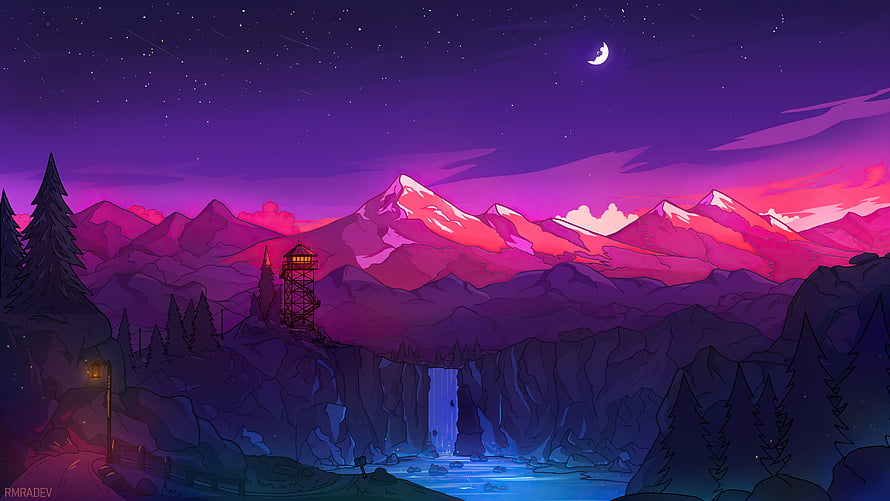 Vibrant Purple Mountain Range at Night with Waterfall and Lighthouse HD wallpaper