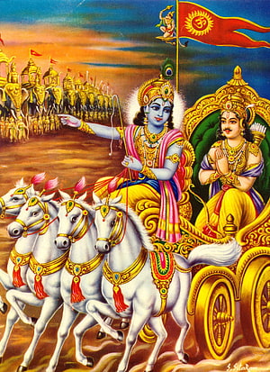 Krishna and Arjuna on the Chariot in the Mahabharata War HD phone wallpaper