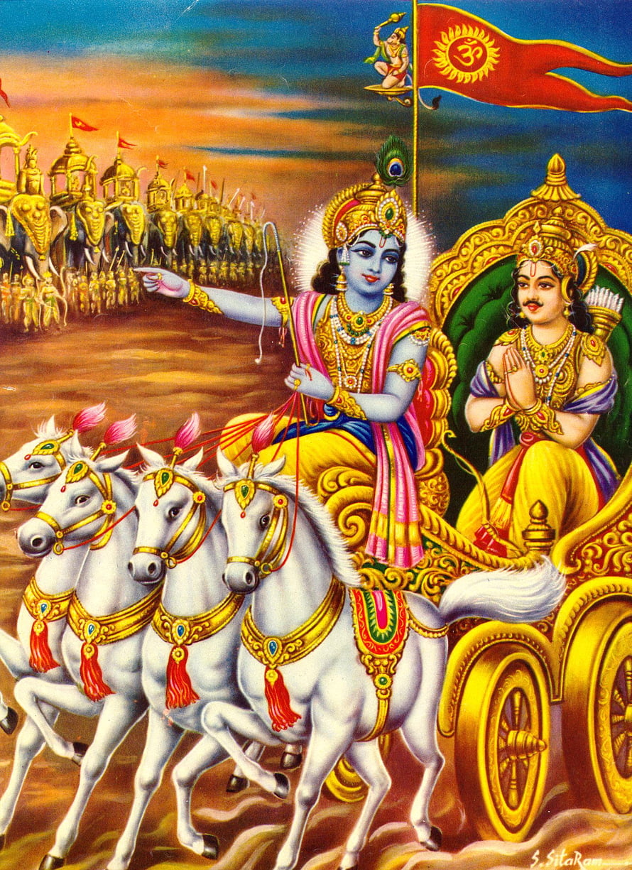 Krishna and Arjuna on the Chariot in the Mahabharata War HD phone wallpaper