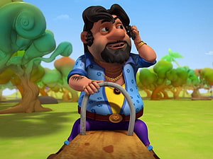 Motu Patlu John Character Riding a Vehicle in a Vibrant Cartoon Landscape HD wallpaper