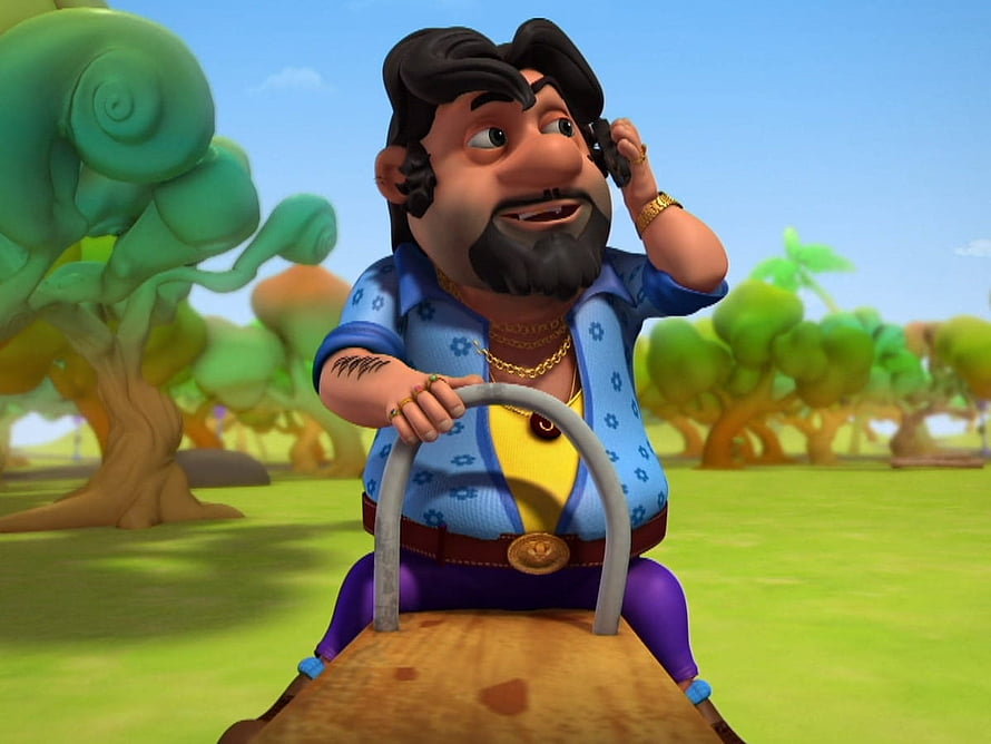 Motu Patlu John Character Riding a Vehicle in a Vibrant Cartoon Landscape HD wallpaper