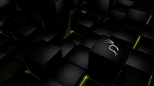 Dark 3D Geometric Cubes with Neon Green Accents and Abstract White Line Art HD wallpaper
