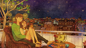 Puuung Illustration of a Couple on a Balcony at Night with City View HD wallpaper