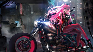 Pink-Haired Anime Biker Girl Riding a Futuristic Motorcycle in a Neon Cyberpunk City HD wallpaper