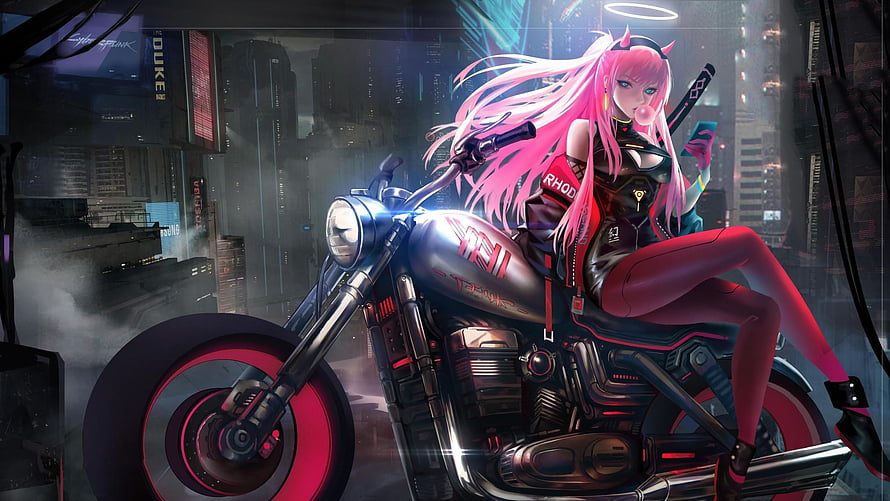 Pink-Haired Anime Biker Girl Riding a Futuristic Motorcycle in a Neon Cyberpunk City HD wallpaper