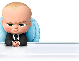 The Boss Baby Character in a Black Suit Sitting at a White Table HD wallpaper