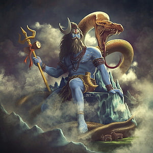 Mahakal Shiva with Trishula and Cobra Serpent on Misty Mountain Peak HD phone wallpaper
