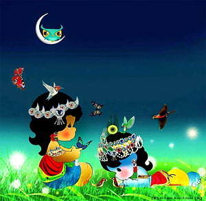 Cute Radha and Krishna Cartoon Illustration with Birds and Moon HD wallpaper