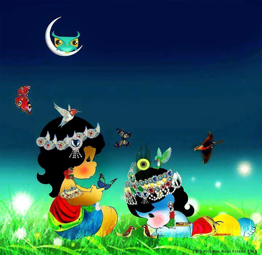 Cute Radha and Krishna Cartoon Illustration with Birds and Moon HD wallpaper