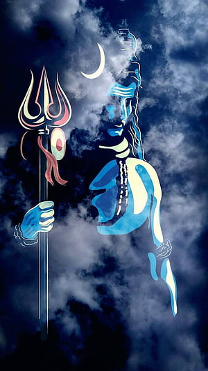 Lord Shiva Mahakal Illustration with Trishul and Crescent Moon in Cloudy Sky HD phone wallpaper
