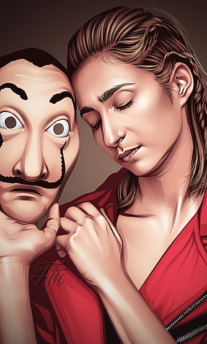 Money Heist Digital Art: The Professor's Mask and Tokyo in Red Jumpsuit HD phone wallpaper