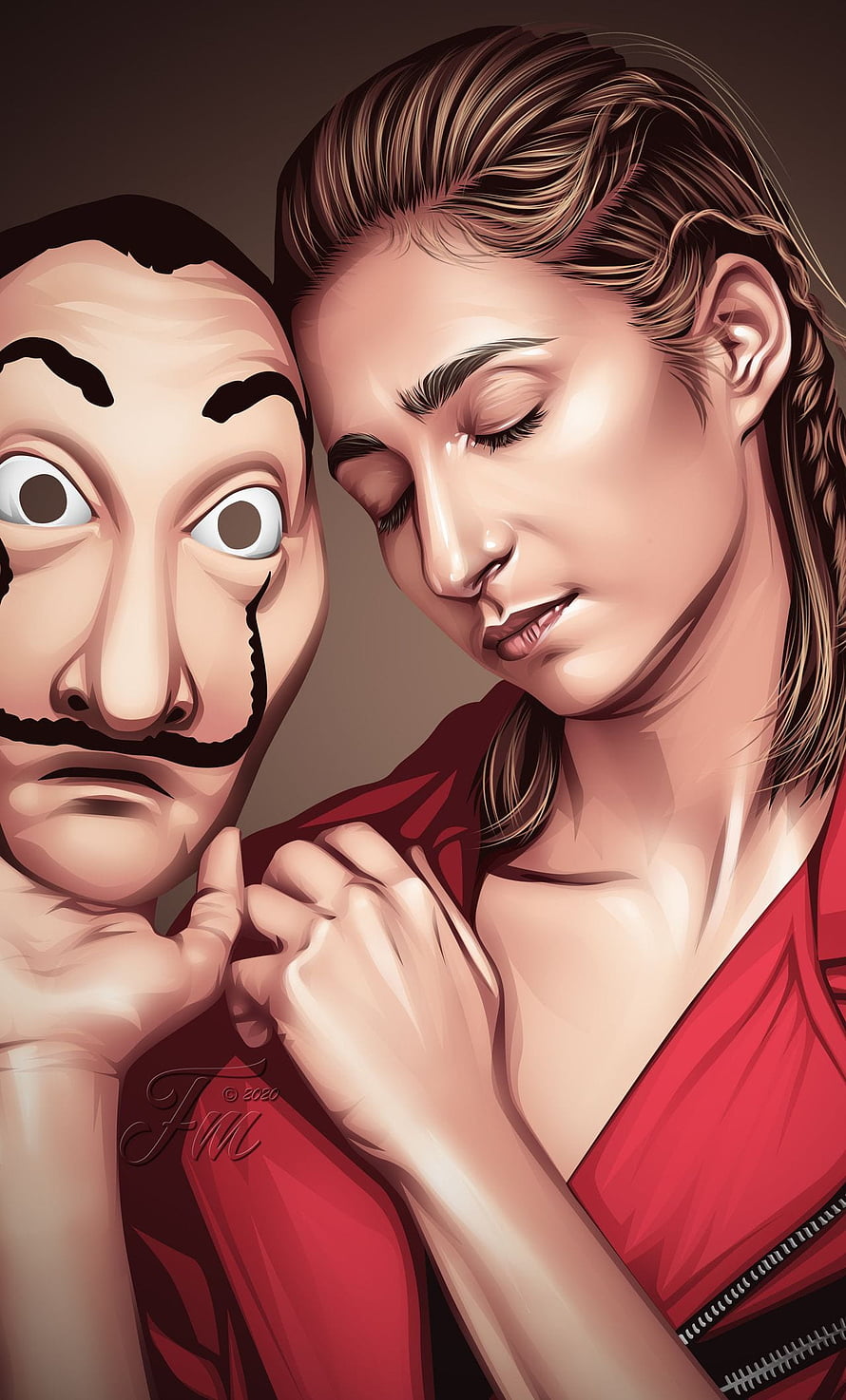 Money Heist Digital Art: The Professor's Mask and Tokyo in Red Jumpsuit HD phone wallpaper