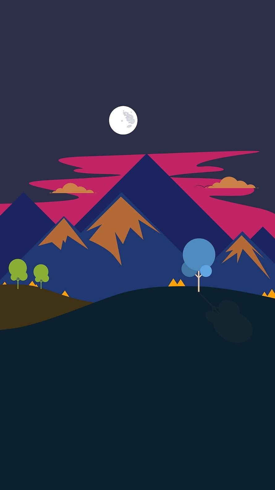 Minimalist Flat Design Night Landscape with Moon and Mountains HD phone wallpaper