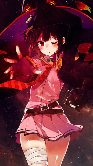 Megumin from KonoSuba in a pink outfit with a black cat companion against a cosmic background HD phone wallpaper