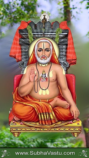 Raghavendra Swami seated in meditation on a golden throne with sacred beads and halo HD phone wallpaper