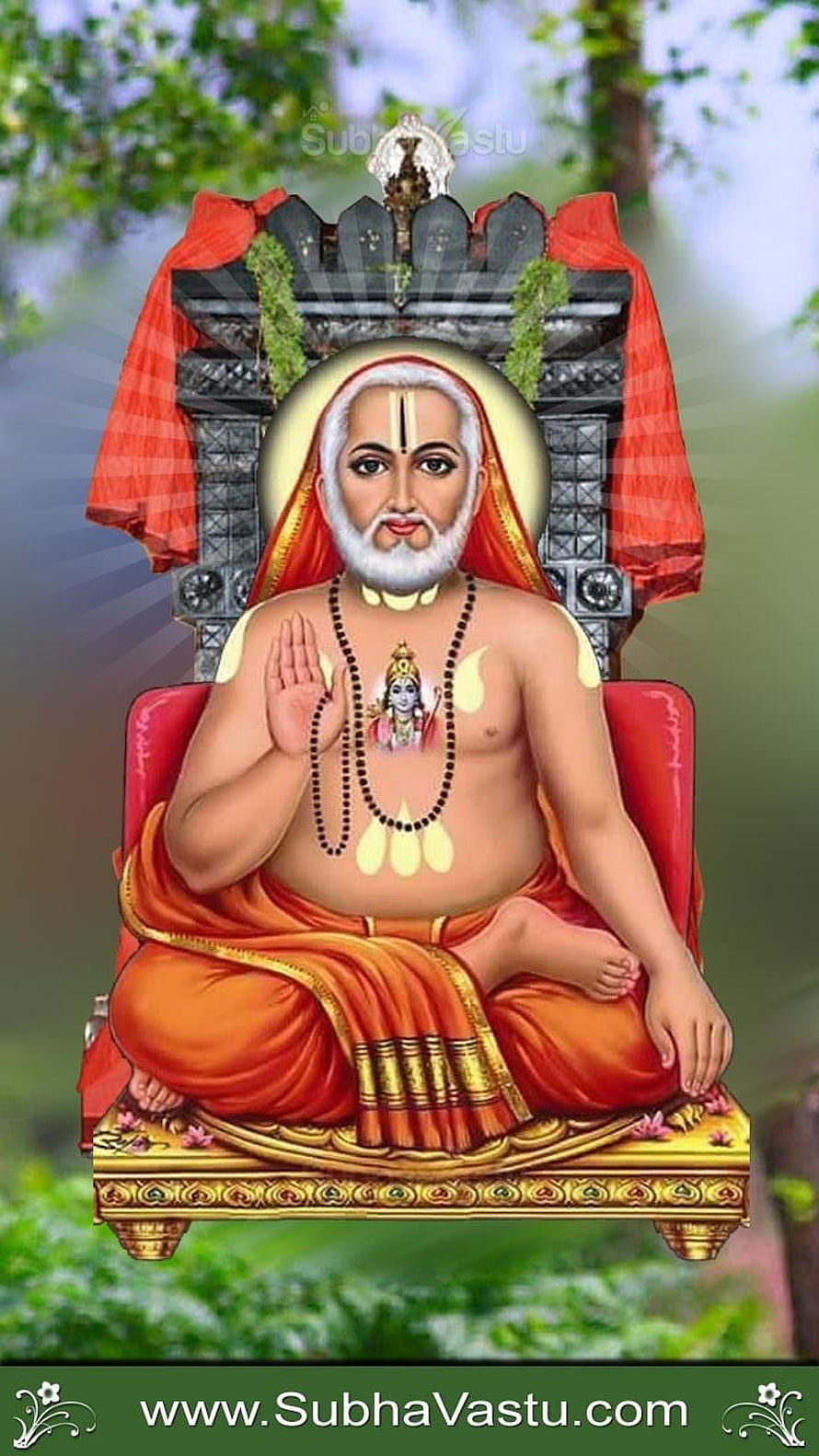 Raghavendra Swami seated in meditation on a golden throne with sacred beads and halo HD phone wallpaper