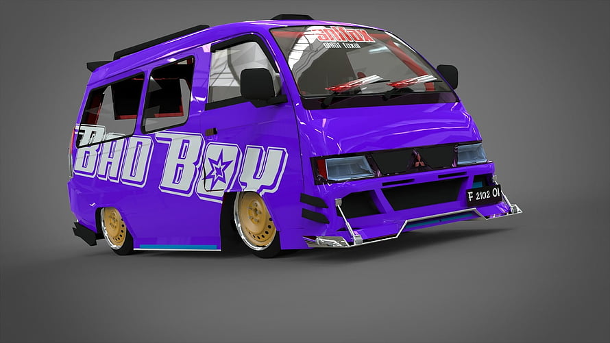 Purple Modified Angkot Van with Gold Wheels and Custom Body Kit HD wallpaper