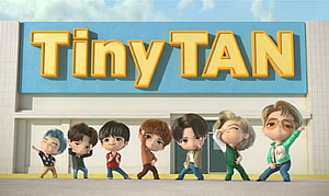 Tiny TAN 3D Chibi Characters Dancing in Front of Blue Storefront Sign HD wallpaper