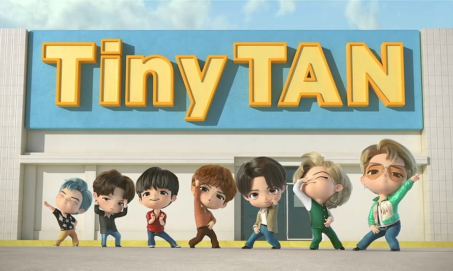 Tiny TAN 3D Chibi Characters Dancing in Front of Blue Storefront Sign HD wallpaper