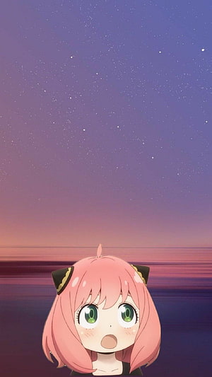 Anya Forger from Spy x Family gazing up at a starry twilight sky over the ocean HD phone wallpaper