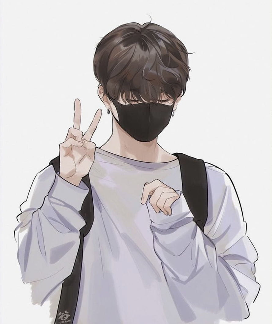Jungkook Anime Illustration Wearing Black Mask and Peace Sign HD phone wallpaper