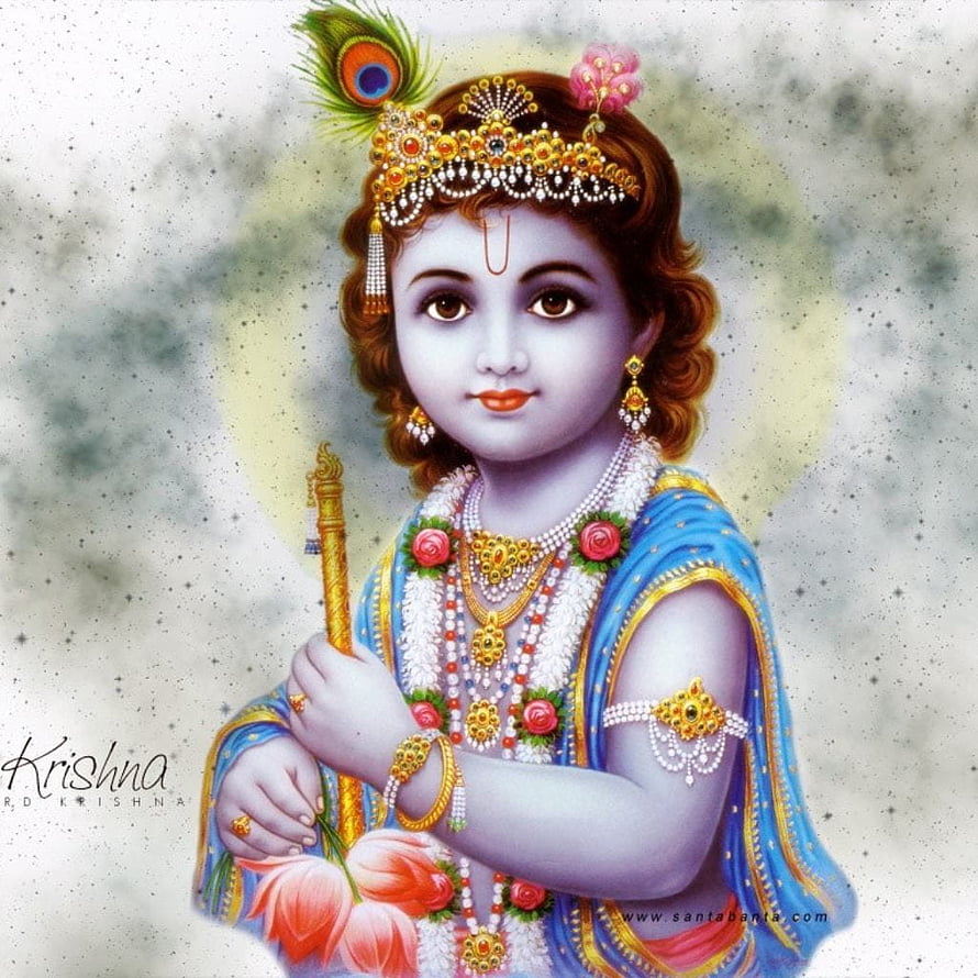 Baby Krishna Portrait with Peacock Feather Crown and Golden Flute HD phone wallpaper
