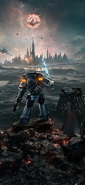 Warhammer 40k Space Marine and Terminator Standing on Volcanic Rock Before Gothic City HD phone wallpaper