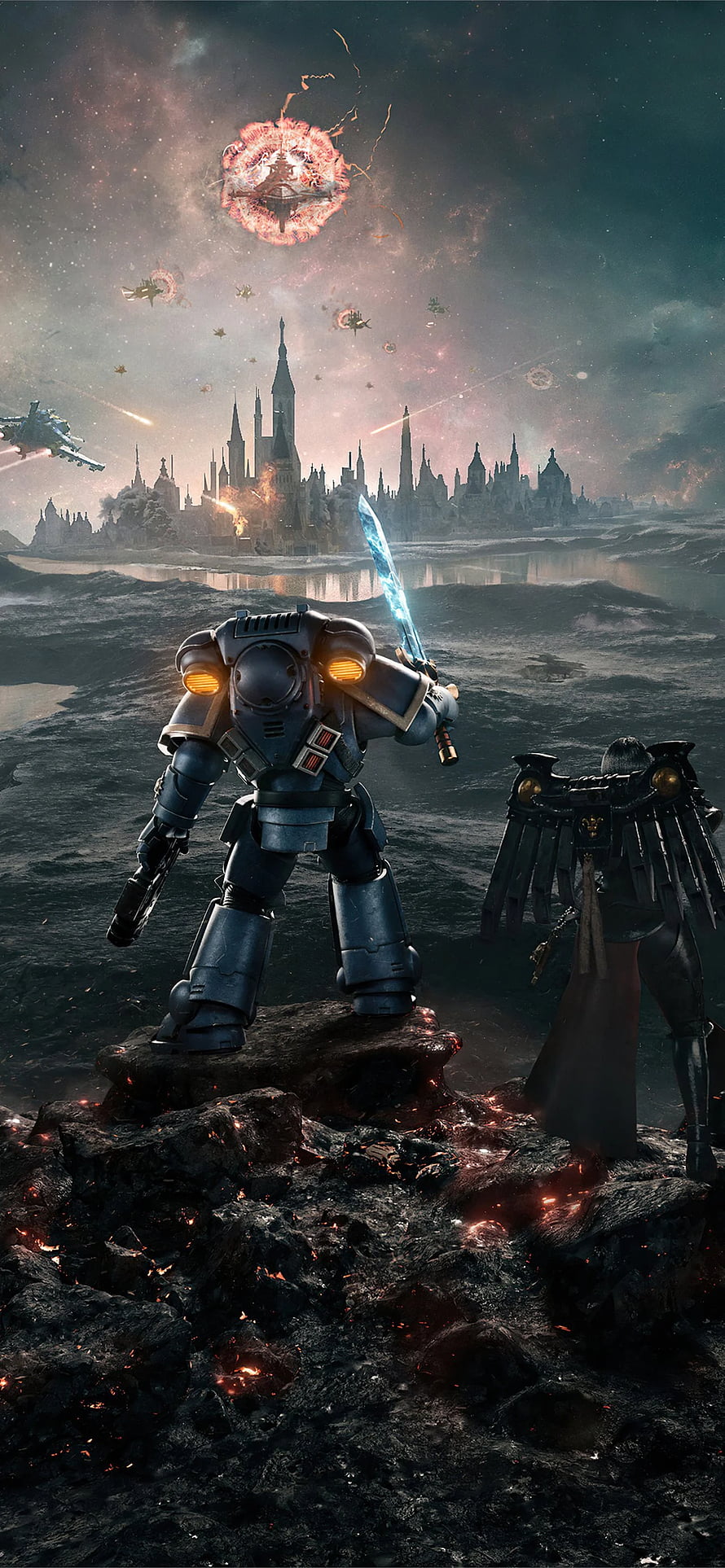 Warhammer 40k Space Marine and Terminator Standing on Volcanic Rock Before Gothic City HD phone wallpaper