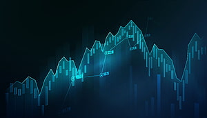 Glowing Blue Financial Stock Market Chart with Candlestick Data and Trend Lines on Dark Background HD wallpaper