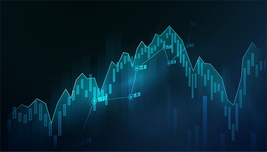 Glowing Blue Financial Stock Market Chart with Candlestick Data and Trend Lines on Dark Background HD wallpaper