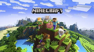 Minecraft Blocky World With Steve, Alex, Villagers, and Creatures on a Floating Island HD wallpaper
