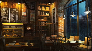Warm Rustic Coffee Shop Interior with Brick Walls, Fireplace, and Rainy Window View HD wallpaper
