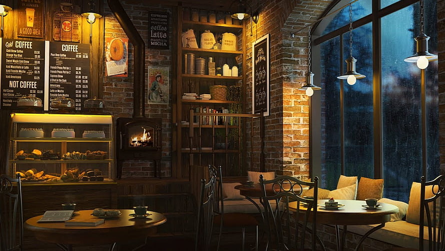 Warm Rustic Coffee Shop Interior with Brick Walls, Fireplace, and Rainy Window View HD wallpaper