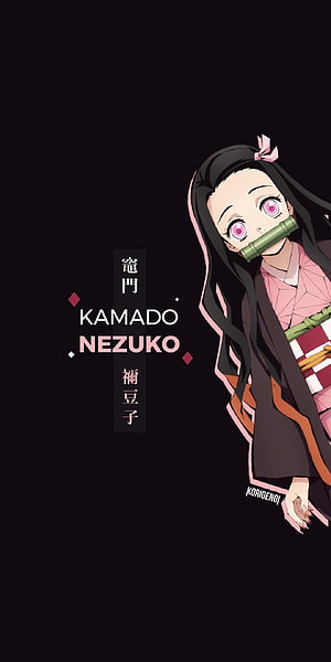 Kamado Nezuko from Demon Slayer in Pink Kimono with Bamboo Cuff on Black Background HD phone wallpaper