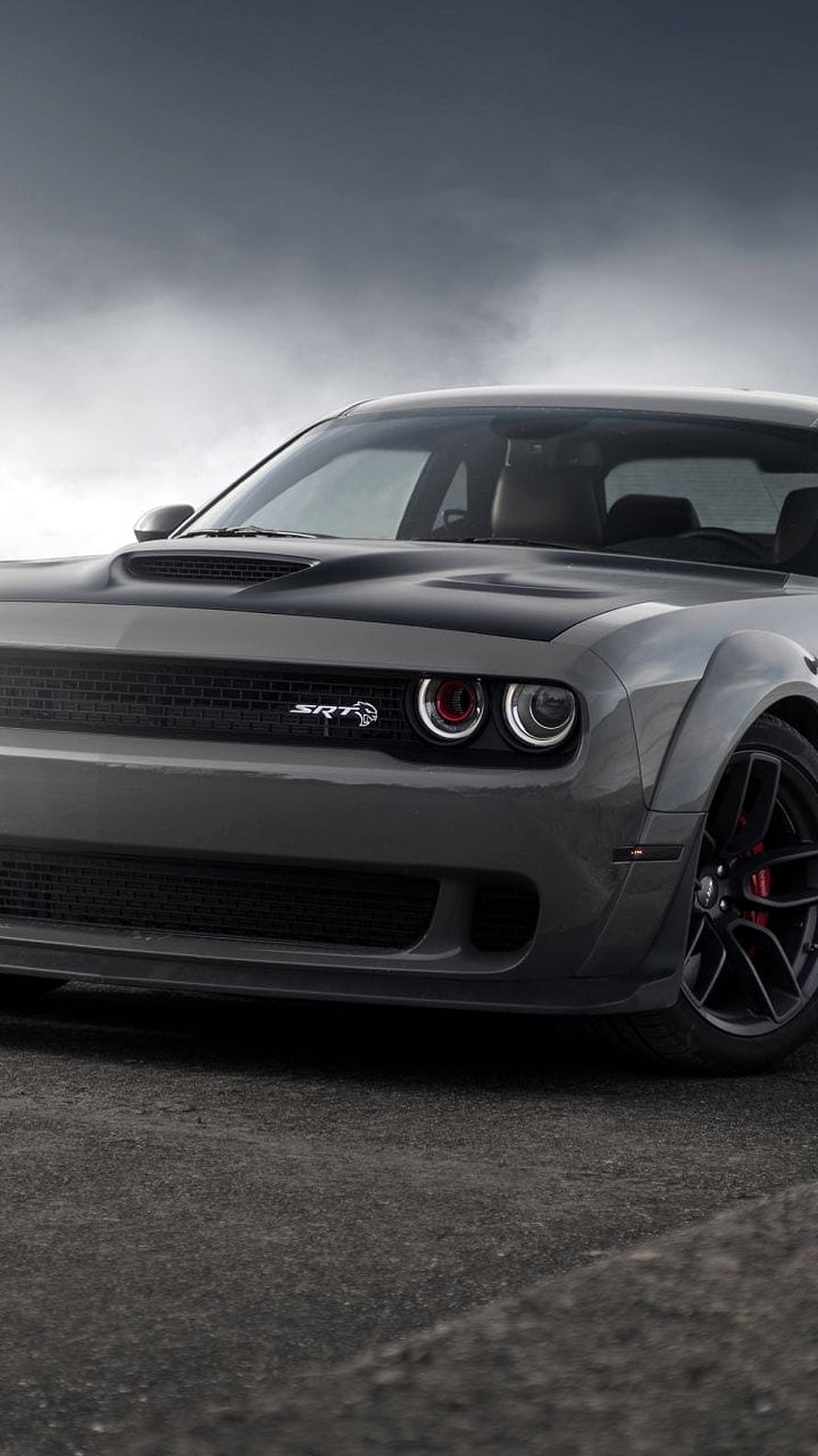 Dodge Challenger SRT Front View Under Dramatic Stormy Sky HD phone wallpaper