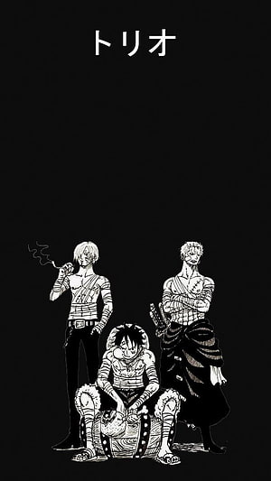 One Piece Trio Manga Illustration: Luffy, Sanji, and Zoro in Black and White HD phone wallpaper